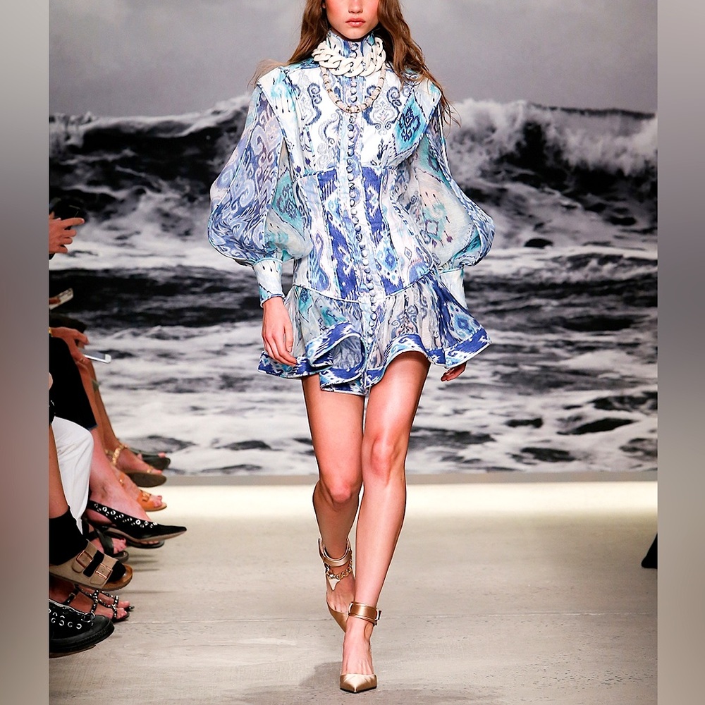 Classy Long-Sleeve Mini Dress - Spliced Blue Ikat